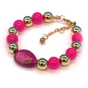 Bracelet Painted Glass Bead Gold Metal Beads Pink Glass Beads Lobster Clasp